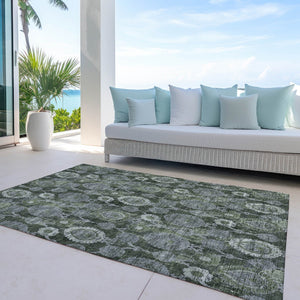 Homeroots 3' Stylish Artichoke Green And Gray Damask Rug - Washable, Durable, Perfect For Indoor And Outdoor Spaces 9' X 12' Polyester 588194