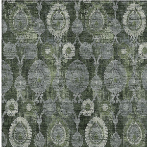 Homeroots 3' Stylish Artichoke Green And Gray Damask Rug - Washable, Durable, Perfect For Indoor And Outdoor Spaces 9' X 12' Polyester 588194