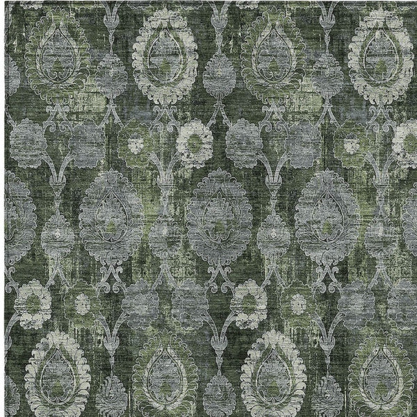 Homeroots 3' Stylish Artichoke Green And Gray Damask Rug - Washable, Durable, Perfect For Indoor And Outdoor Spaces 9' X 12' Polyester 588194