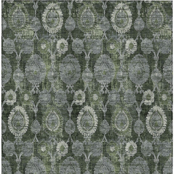 Homeroots 3' Stylish Artichoke Green And Gray Damask Rug - Washable, Durable, Perfect For Indoor And Outdoor Spaces 10' X 14' Polyester 588195