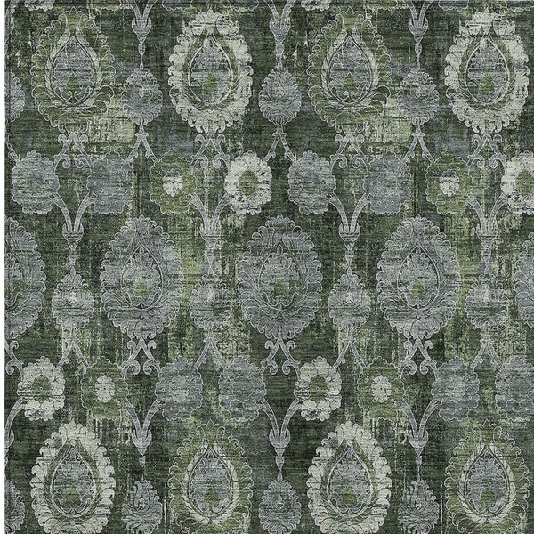 Homeroots 3' Stylish Artichoke Green And Gray Damask Rug - Washable, Durable, Perfect For Indoor And Outdoor Spaces 10' X 14' Polyester 588195