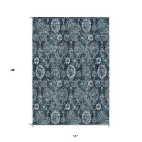 Homeroots 3' Stylish Artichoke Green And Gray Damask Rug - Washable, Durable, Perfect For Indoor And Outdoor Spaces 3' X 5' Polyester 588196