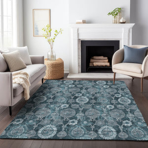 Homeroots 3' Stylish Artichoke Green And Gray Damask Rug - Washable, Durable, Perfect For Indoor And Outdoor Spaces 3' X 5' Polyester 588196