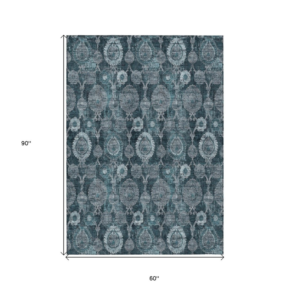 HomeRoots 5' Teal Blue and Sky Blue Damask Rug – Durable, Washable Indoor/Outdoor Area Rug for Stylish Spaces 5' X 8' 588197