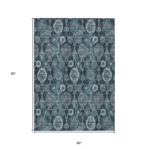 Homeroots 3' Stylish Artichoke Green And Gray Damask Rug - Washable, Durable, Perfect For Indoor And Outdoor Spaces 5' X 8' Polyester 588197