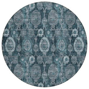 HomeRoots 5' Teal Blue and Sky Blue Damask Rug – Durable, Washable Indoor/Outdoor Area Rug for Stylish Spaces 8' Round 588198