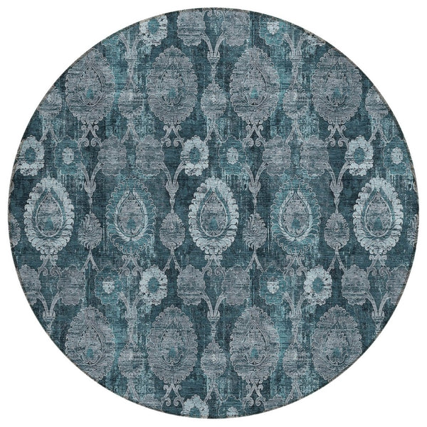 HomeRoots 5' Teal Blue and Sky Blue Damask Rug – Durable, Washable Indoor/Outdoor Area Rug for Stylish Spaces 8' Round 588198