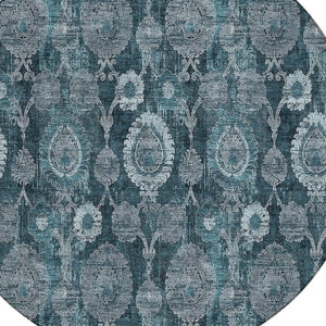 Homeroots 3' Stylish Artichoke Green And Gray Damask Rug - Washable, Durable, Perfect For Indoor And Outdoor Spaces 8' Round Polyester 588198