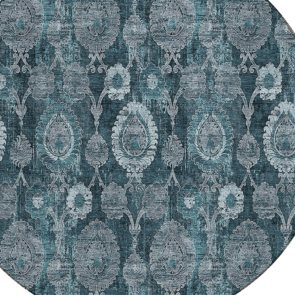 Homeroots 3' Stylish Artichoke Green And Gray Damask Rug - Washable, Durable, Perfect For Indoor And Outdoor Spaces 8' Round Polyester 588198