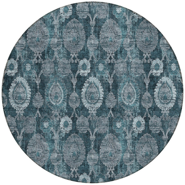 Homeroots 3' Stylish Artichoke Green And Gray Damask Rug - Washable, Durable, Perfect For Indoor And Outdoor Spaces 8' Round Polyester 588198