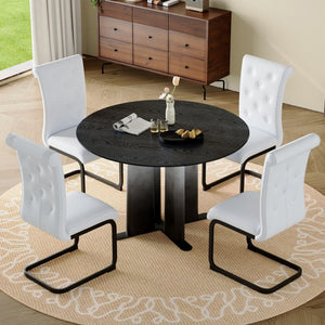 English Elm Modern Round Pedestal Dining Set Tufted Pvc Chairs Sculptural Base for Small Spaces W3875S00076