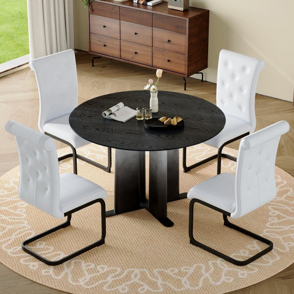 English Elm Modern Round Pedestal Dining Set Tufted Pvc Chairs Sculptural Base for Small Spaces W3875S00076