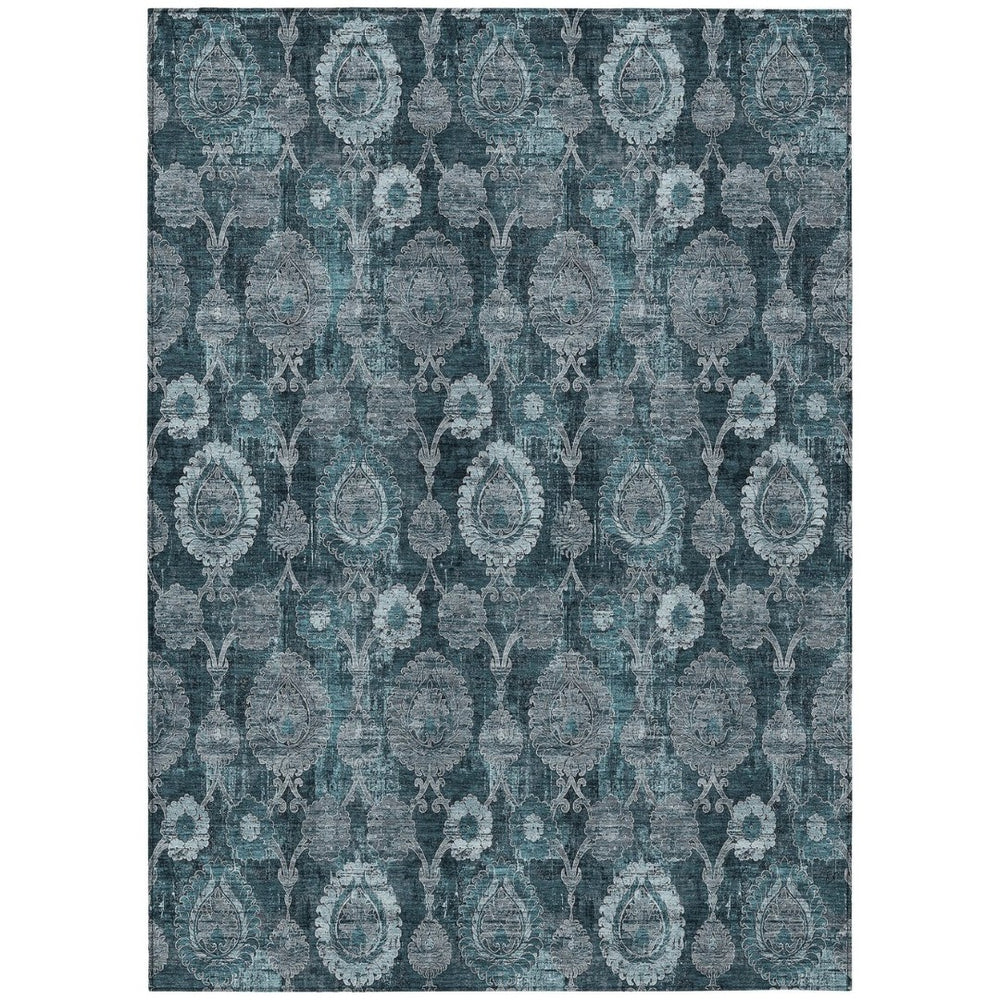 HomeRoots 9' Durable Teal and Sky Blue Damask Area Rug for Indoor and Outdoor High-Traffic Spaces, Machine Washable 9' X 12' 588200