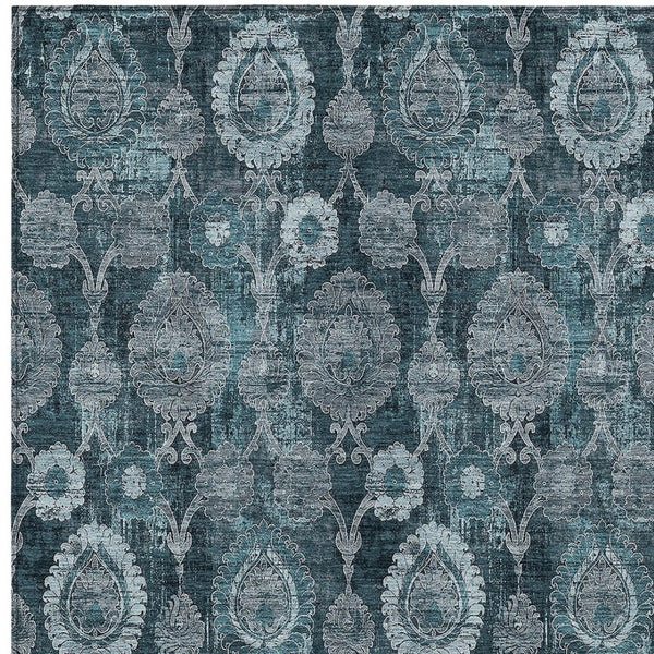Homeroots 3' Stylish Artichoke Green And Gray Damask Rug - Washable, Durable, Perfect For Indoor And Outdoor Spaces 10' X 14' Polyester 588201