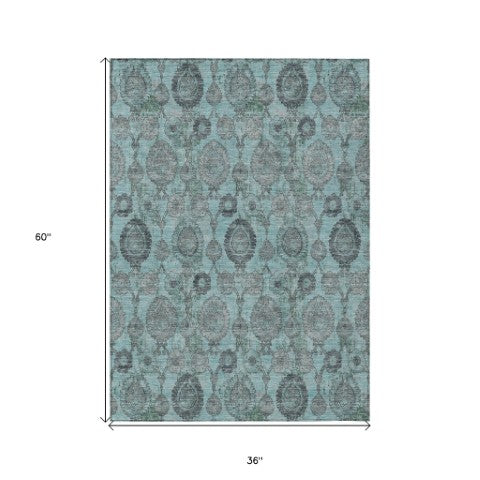 Homeroots 3' Stylish Artichoke Green And Gray Damask Rug - Washable, Durable, Perfect For Indoor And Outdoor Spaces 3' X 5' Polyester 588202