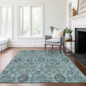 Homeroots 3' Stylish Artichoke Green And Gray Damask Rug - Washable, Durable, Perfect For Indoor And Outdoor Spaces 3' X 5' Polyester 588202