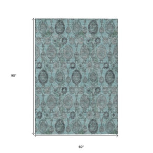 Homeroots 3' Stylish Artichoke Green And Gray Damask Rug - Washable, Durable, Perfect For Indoor And Outdoor Spaces 5' X 8' Polyester 588203