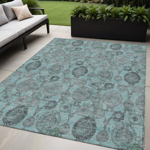 Homeroots 3' Stylish Artichoke Green And Gray Damask Rug - Washable, Durable, Perfect For Indoor And Outdoor Spaces 5' X 8' Polyester 588203