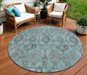 Homeroots 3' Stylish Artichoke Green And Gray Damask Rug - Washable, Durable, Perfect For Indoor And Outdoor Spaces 8' Round Polyester 588204