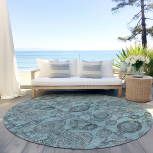 Homeroots 3' Stylish Artichoke Green And Gray Damask Rug - Washable, Durable, Perfect For Indoor And Outdoor Spaces 8' Round Polyester 588204