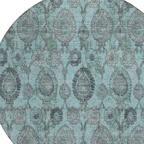 Homeroots 3' Stylish Artichoke Green And Gray Damask Rug - Washable, Durable, Perfect For Indoor And Outdoor Spaces 8' Round Polyester 588204