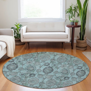 Homeroots 3' Stylish Artichoke Green And Gray Damask Rug - Washable, Durable, Perfect For Indoor And Outdoor Spaces 8' Round Polyester 588204