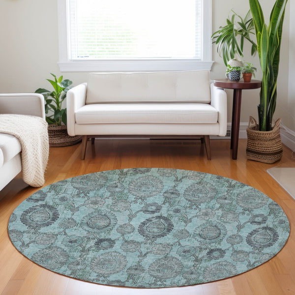 Homeroots 3' Stylish Artichoke Green And Gray Damask Rug - Washable, Durable, Perfect For Indoor And Outdoor Spaces 8' Round Polyester 588204