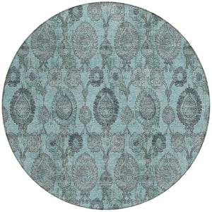Homeroots 3' Stylish Artichoke Green And Gray Damask Rug - Washable, Durable, Perfect For Indoor And Outdoor Spaces 8' Round Polyester 588204
