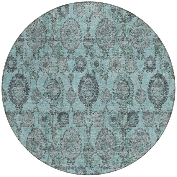 Homeroots 3' Stylish Artichoke Green And Gray Damask Rug - Washable, Durable, Perfect For Indoor And Outdoor Spaces 8' Round Polyester 588204