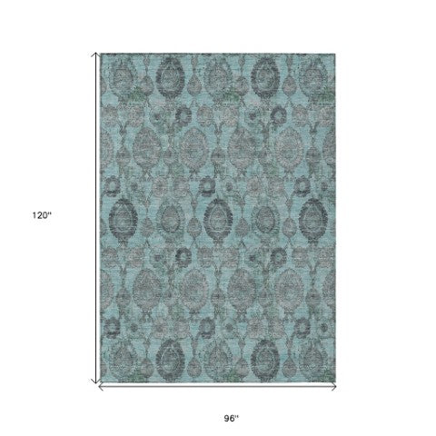 Homeroots 3' Stylish Artichoke Green And Gray Damask Rug - Washable, Durable, Perfect For Indoor And Outdoor Spaces 8' X 10' Polyester 588205