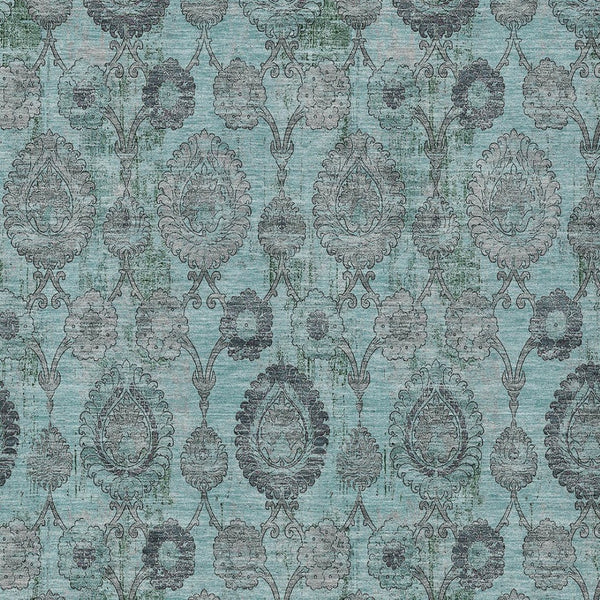 Homeroots 3' Stylish Artichoke Green And Gray Damask Rug - Washable, Durable, Perfect For Indoor And Outdoor Spaces 9' X 12' Polyester 588206
