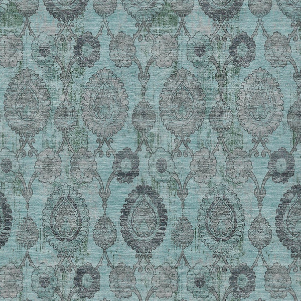 Homeroots 3' Stylish Artichoke Green And Gray Damask Rug - Washable, Durable, Perfect For Indoor And Outdoor Spaces 10' X 14' Polyester 588207