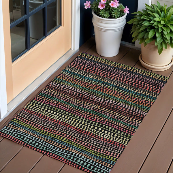 Homeroots 3' Black Green And Gold Striped Washable Area Rug - Stylish Indoor/Outdoor Design For Modern Spaces 3' X 5' Polyester 588238