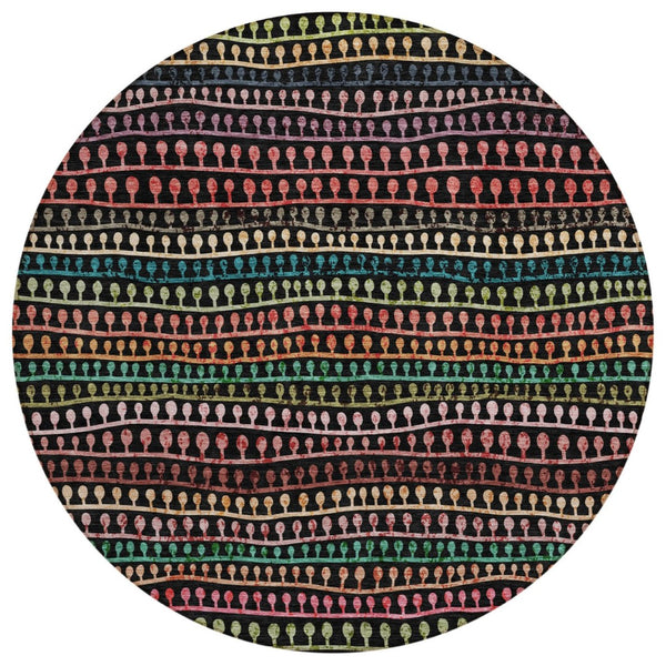 HomeRoots 5' Stylish Black, Green & Gold Striped Washable Area Rug for Indoor/Outdoor Durability & Elegance 8' Round 588240