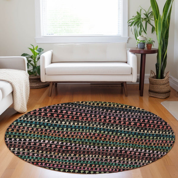 Homeroots 3' Black Green And Gold Striped Washable Area Rug - Stylish Indoor/Outdoor Design For Modern Spaces 8' Round Polyester 588240