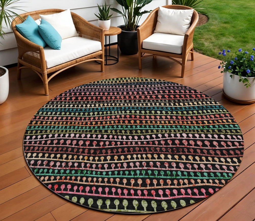 HomeRoots 5' Stylish Black, Green & Gold Striped Washable Area Rug for Indoor/Outdoor Durability & Elegance 8' Round 588240