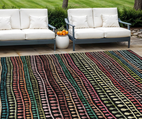 Homeroots 3' Black Green And Gold Striped Washable Area Rug - Stylish Indoor/Outdoor Design For Modern Spaces 8' X 10' Polyester 588241