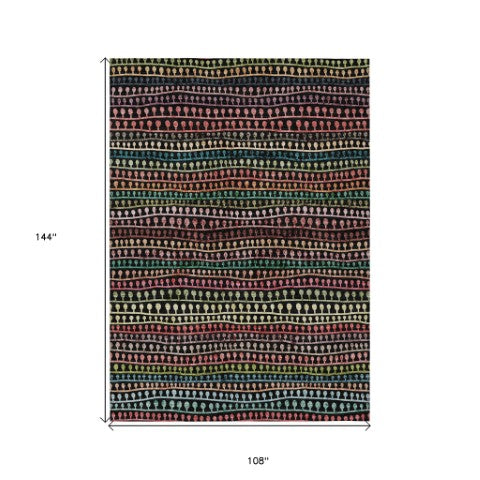 Homeroots 3' Black Green And Gold Striped Washable Area Rug - Stylish Indoor/Outdoor Design For Modern Spaces 9' X 12' Polyester 588242
