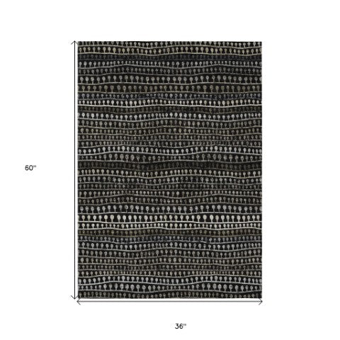 Homeroots 3' Black Green And Gold Striped Washable Area Rug - Stylish Indoor/Outdoor Design For Modern Spaces 3' X 5' Polyester 588250