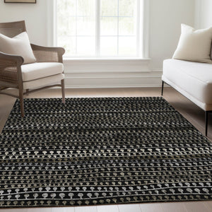 Homeroots 3' Black Green And Gold Striped Washable Area Rug - Stylish Indoor/Outdoor Design For Modern Spaces 9' X 12' Polyester 588254