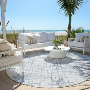 HomeRoots 5' Navy Blue and Sky Blue Geometric Area Rug – Durable, Washable Design for Indoor and Outdoor Use 8' Round 588258