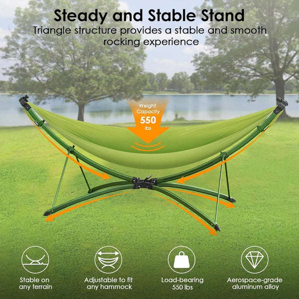 English Elm Portable Hammock with Quick Fold Stand Ripstop Nylon Sunshade 650 Lb Capacity Green W3457P379389