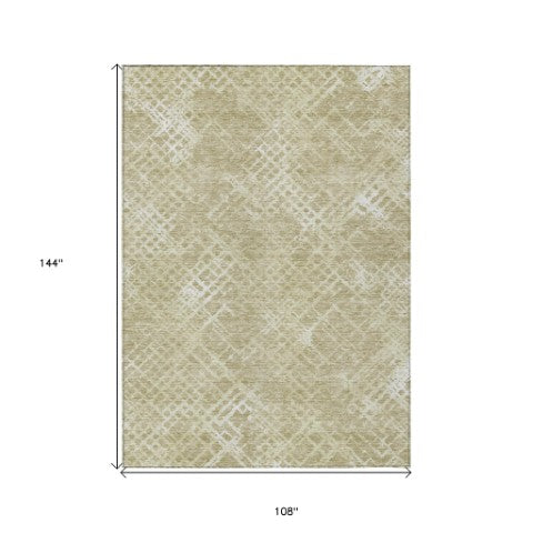 Homeroots 3' Stylish Beige Tan And Ivory Geometric Washable Area Rug For Indoor And Outdoor Spaces 9' X 12' Polyester 588290