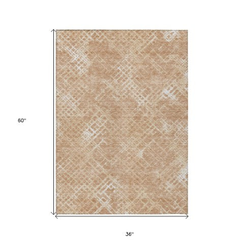 Homeroots 3' Stylish Beige Tan And Ivory Geometric Washable Area Rug For Indoor And Outdoor Spaces 3' X 5' Polyester 588298