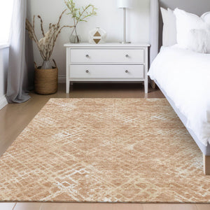 Homeroots 3' Stylish Beige Tan And Ivory Geometric Washable Area Rug For Indoor And Outdoor Spaces 3' X 5' Polyester 588298