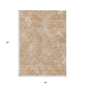 Homeroots 3' Stylish Beige Tan And Ivory Geometric Washable Area Rug For Indoor And Outdoor Spaces 5' X 8' Polyester 588299