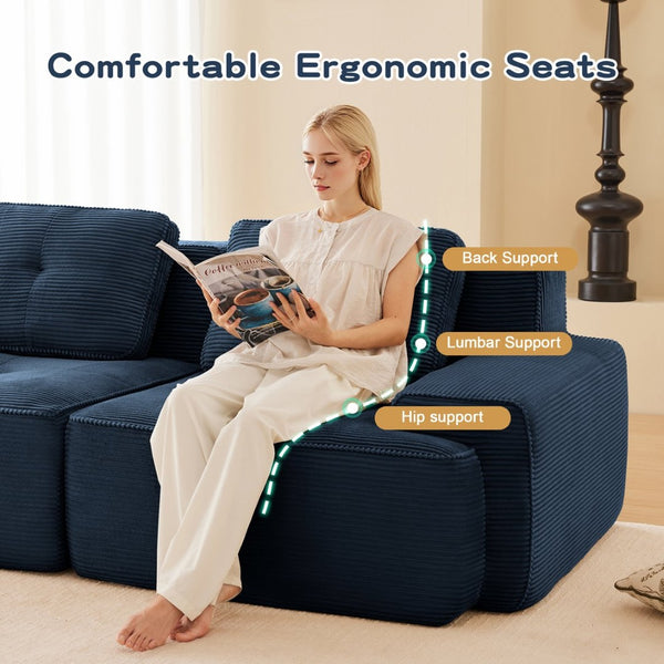 English Elm Modern Corduroy Sectional Sofa Deep Seat V Shape Tufted Couch with Movable Ottoman Blue W714S01579