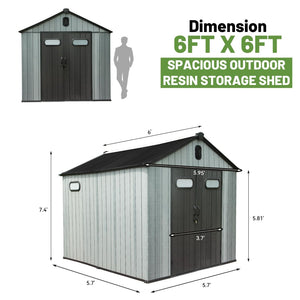 English Elm 6x6 Resin Outdoor Storage Shed with Lockable Door Skylight Vents and Wood Grain Finish W1859S00169