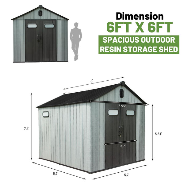 English Elm 6x6 Resin Outdoor Storage Shed with Lockable Door Skylight Vents and Wood Grain Finish W1859S00169