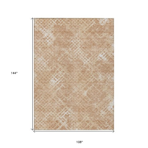 Homeroots 3' Stylish Beige Tan And Ivory Geometric Washable Area Rug For Indoor And Outdoor Spaces 9' X 12' Polyester 588302